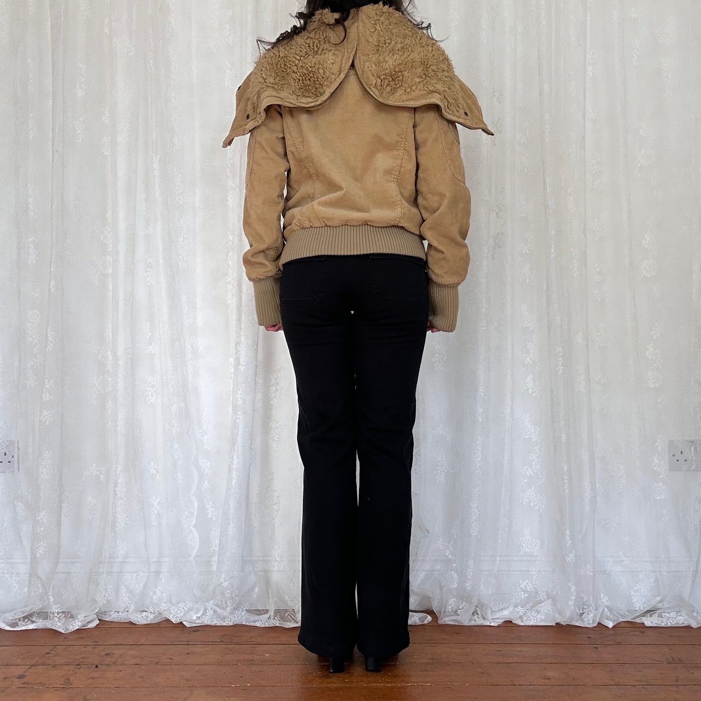 vintage 00s beige cord split hood bomber jacket