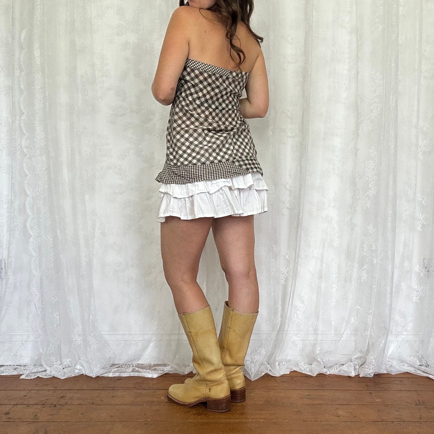 vintage 00s grey and brown gingham strapless top