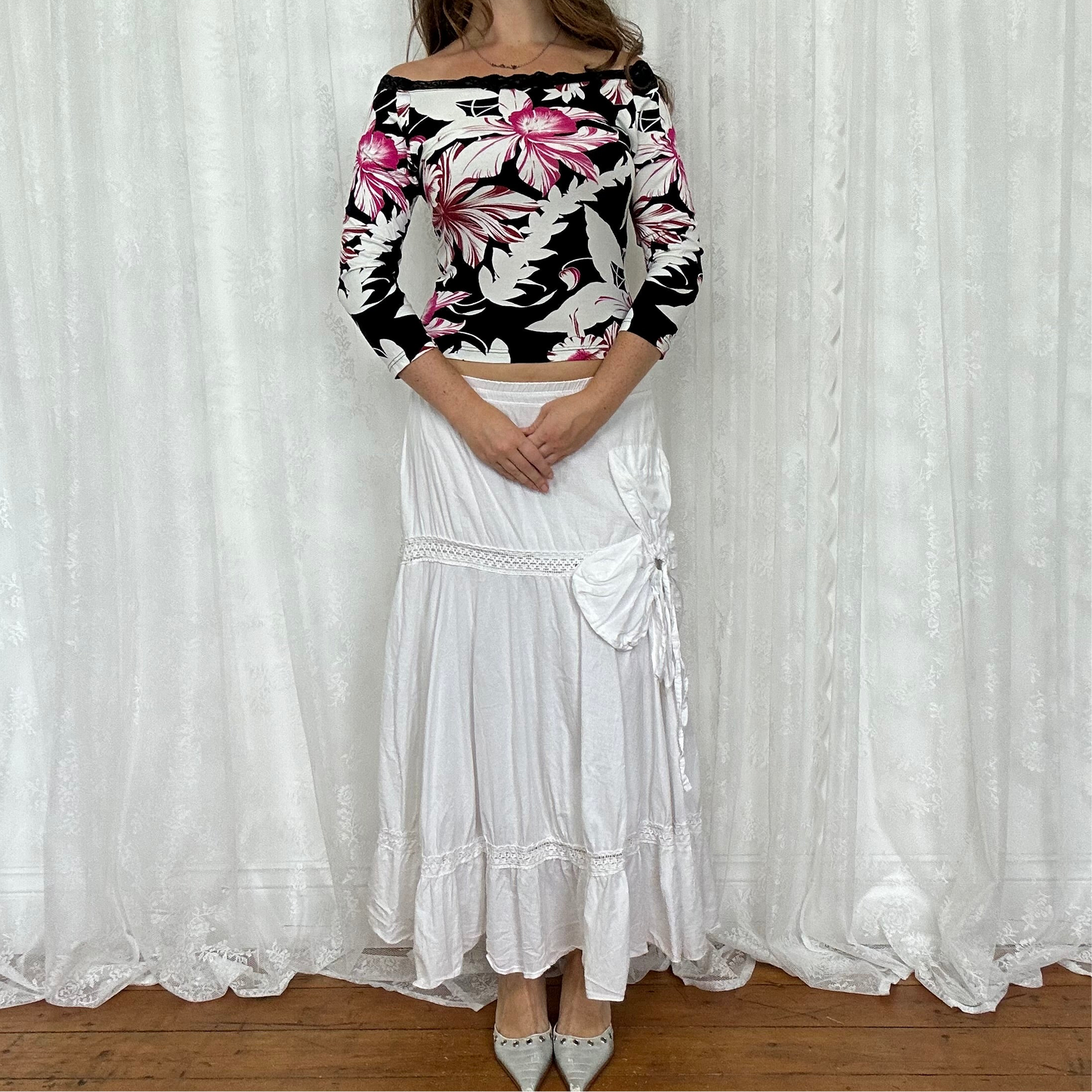 vintage 00s black floral off shoulder top