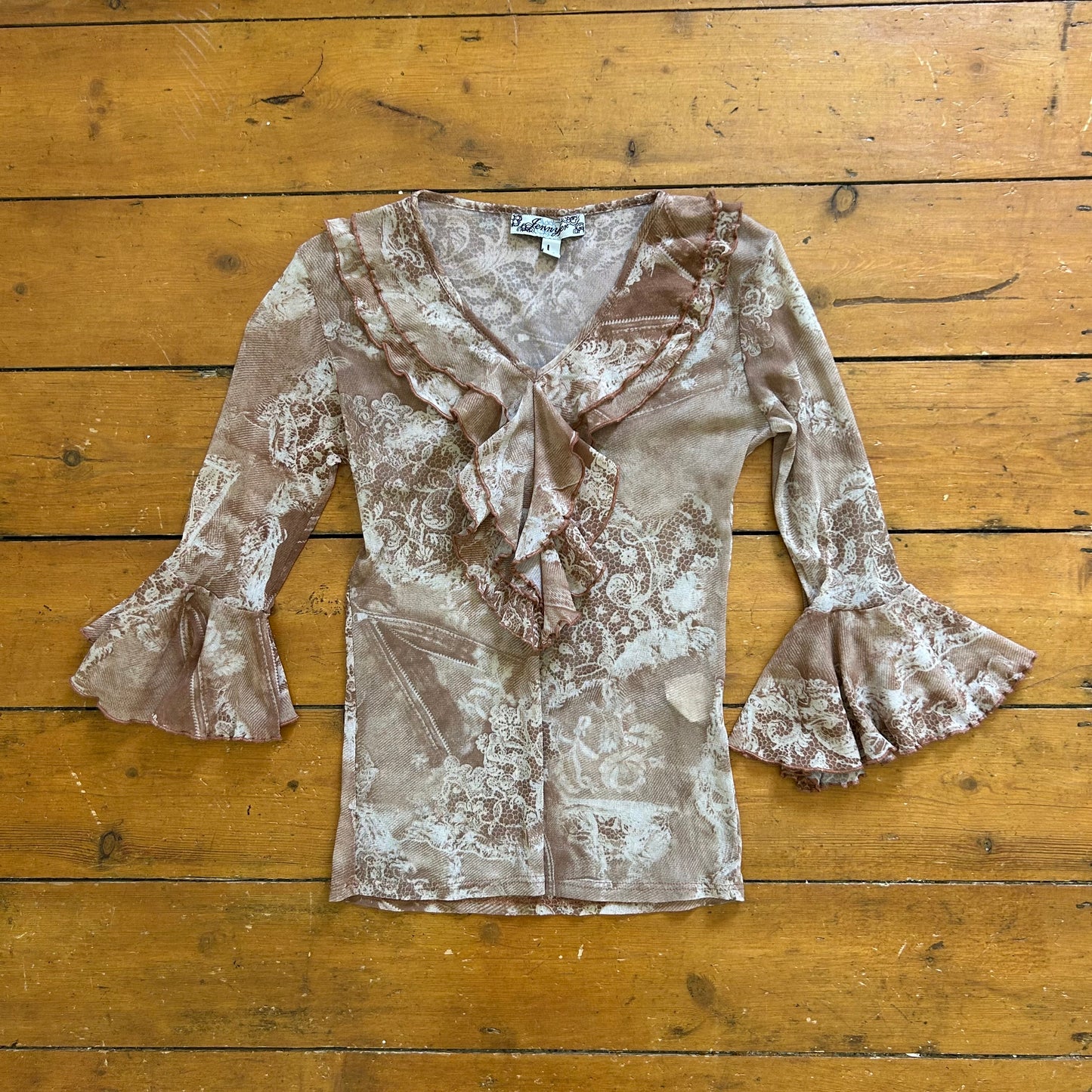 vintage 00s paisley mesh ruffle top