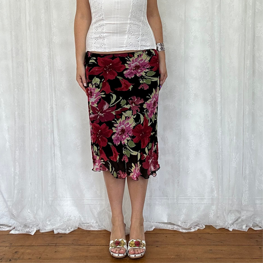 vintage 00s black floral mesh midi skirt