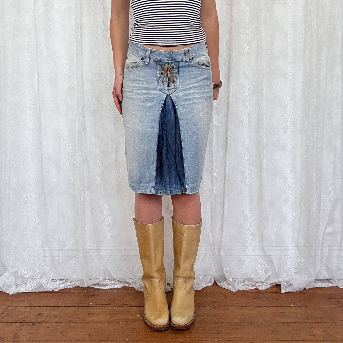 vintage 00s denim lace up midi skirt
