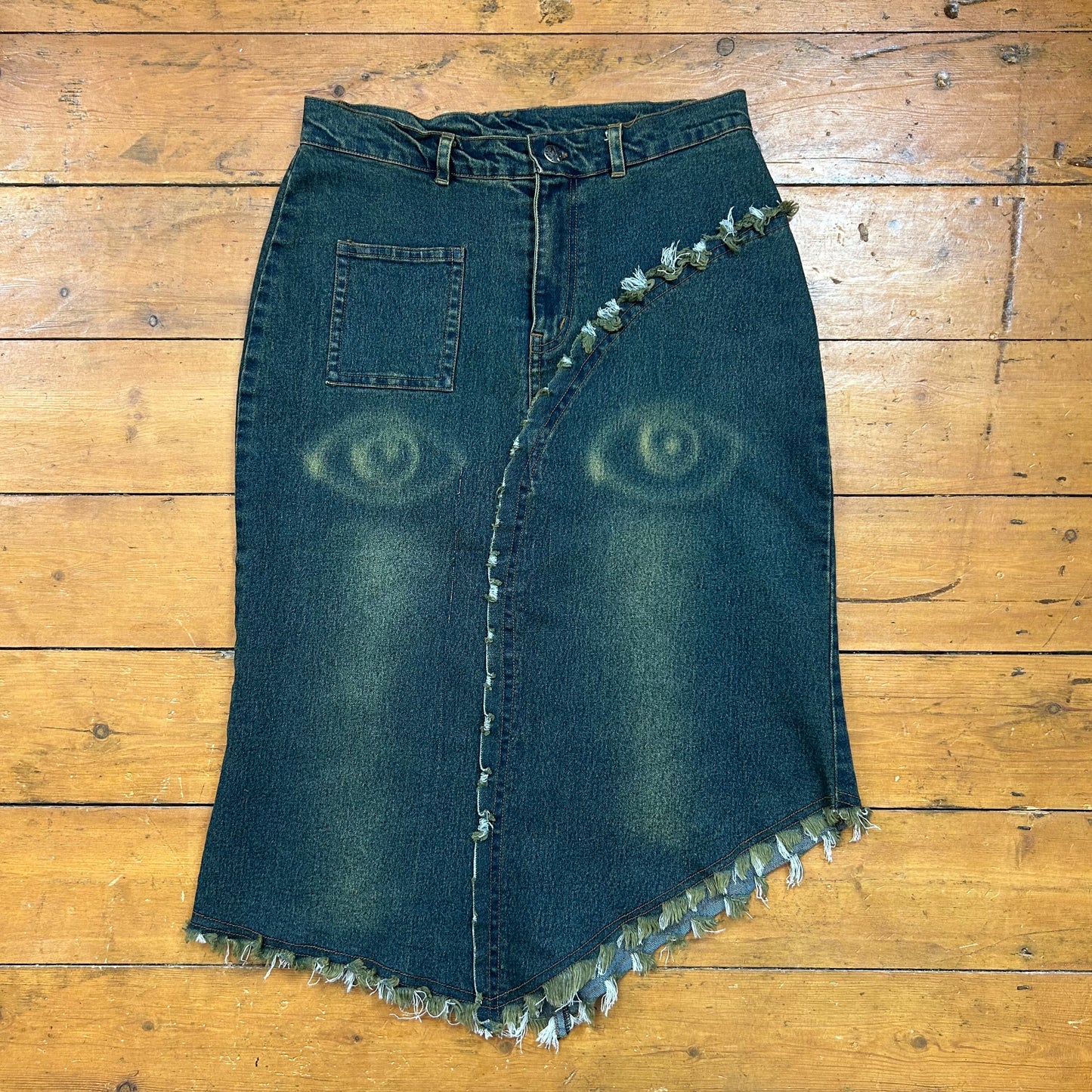 vintage 00s green and blue bleached denim midi skirt