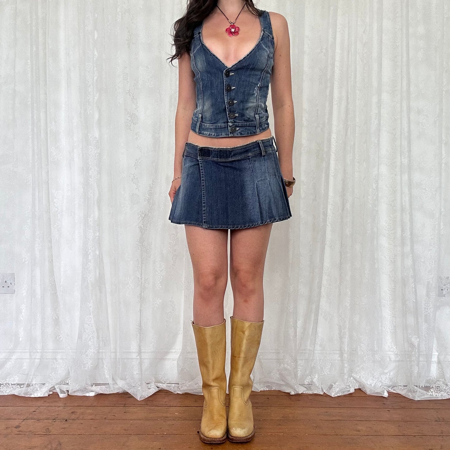 vintage 00s denim button up fitted waistcoat top