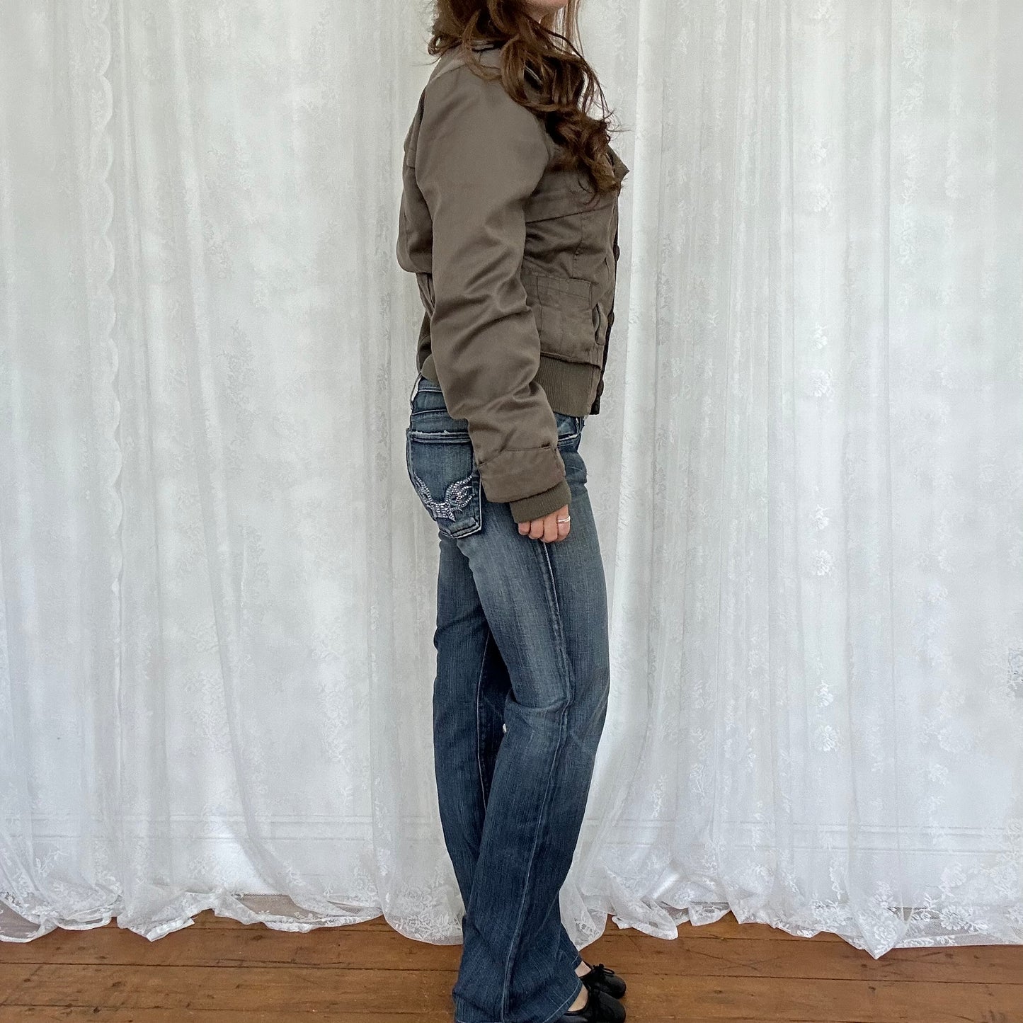 vintage 00s khaki brown peacoat style bomber jacket
