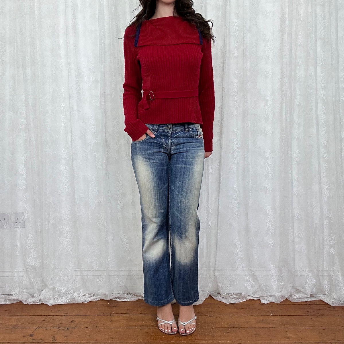 vintage 00s red foldover collar jumper with belt