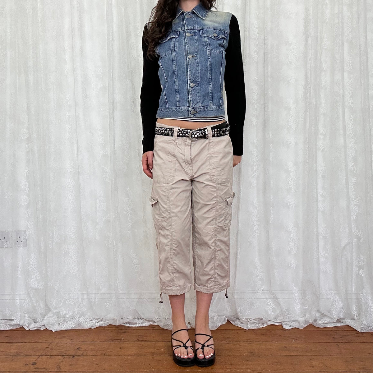 vintage 00s denim and black knitted button up jumper