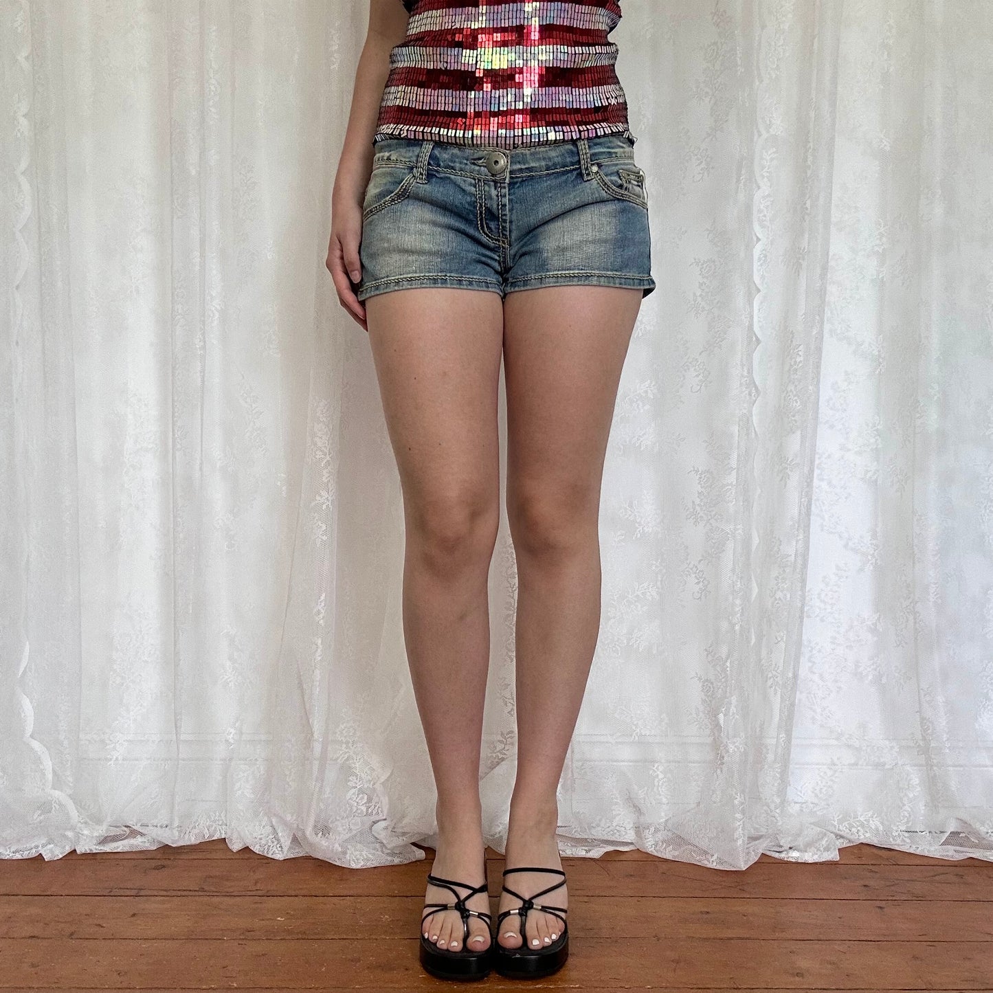 vintage 00s denim micro mini shorts with contrast stitching