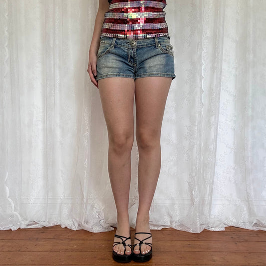 vintage 00s denim micro mini shorts with contrast stitching