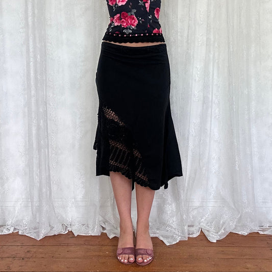 vintage 00s black midi skirt with crochet insert