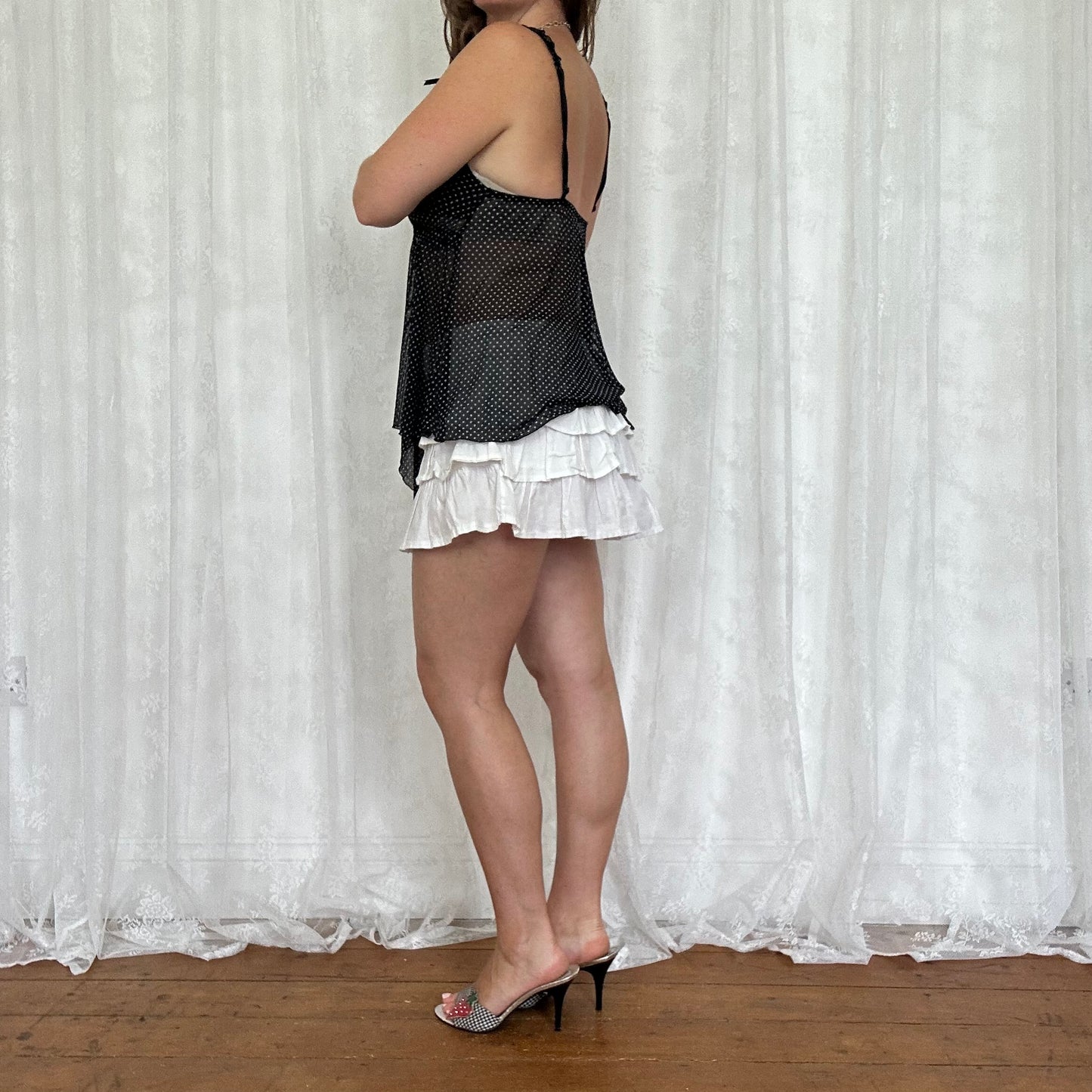 vintage 00s black polka dot mesh cami
