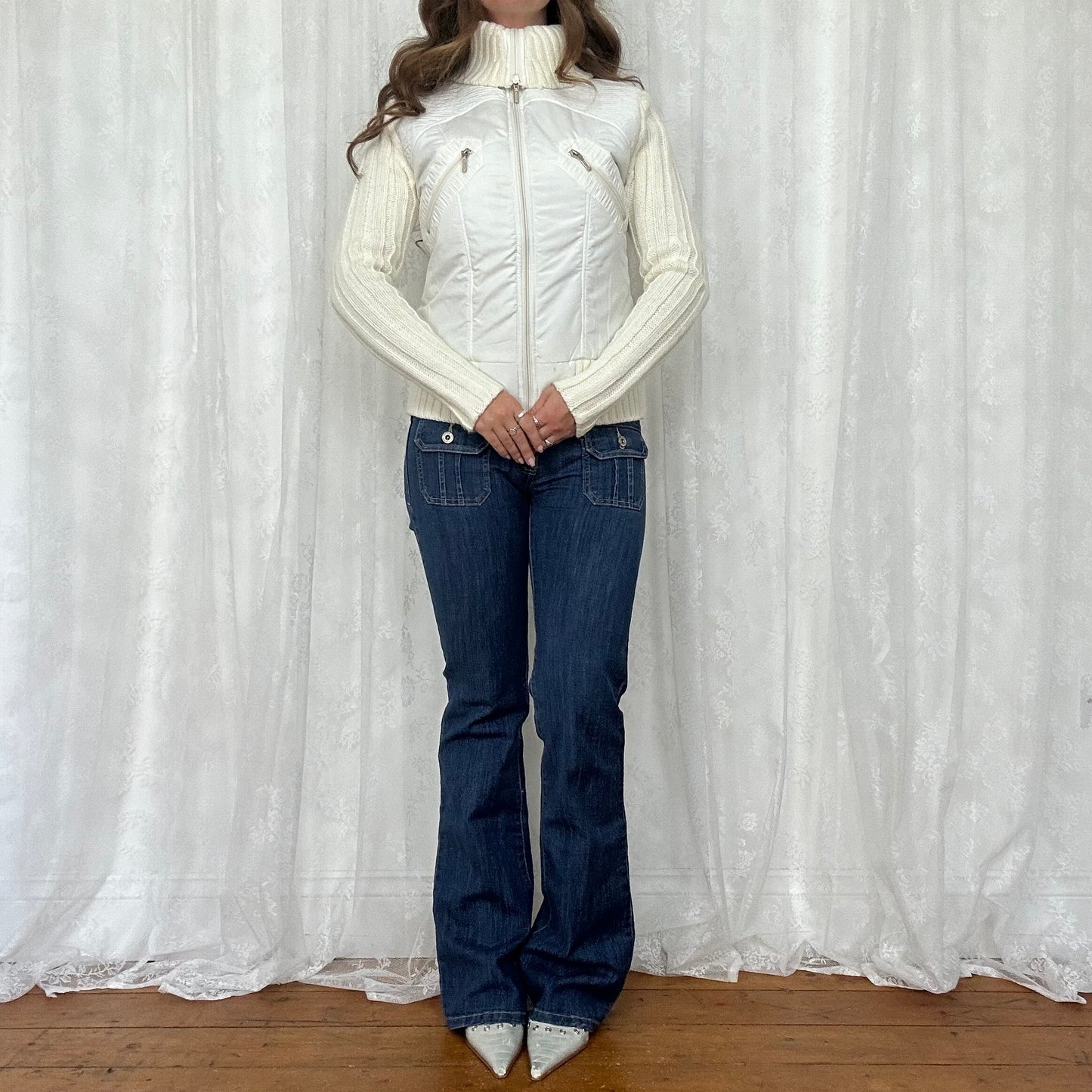 vintage 00s white cream cable knit puff jacket/jumper