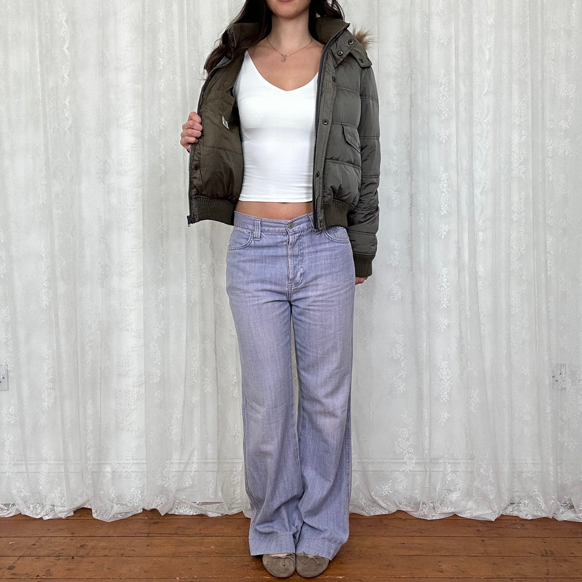 vintage 00s grey / brown hooded bomber with faux fur trim