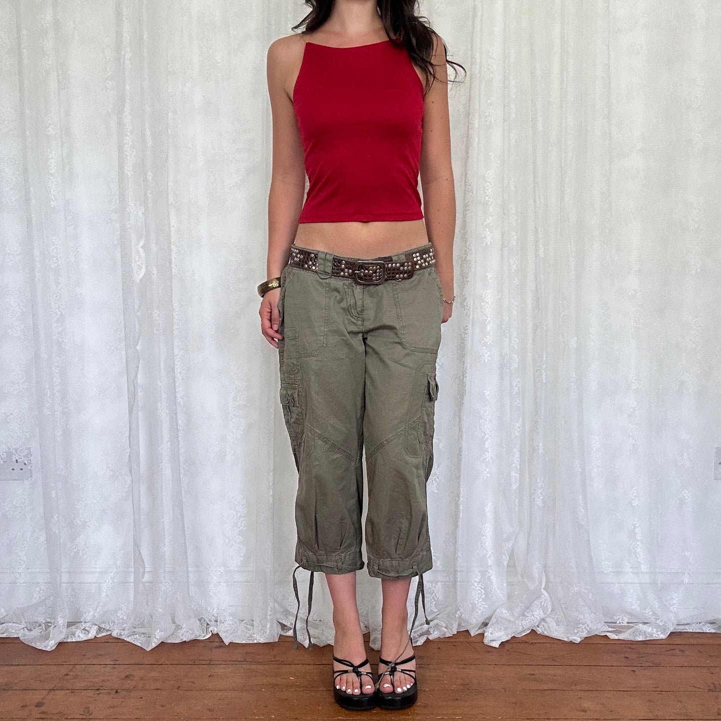 vintage 00s red high neck cami with clear straps