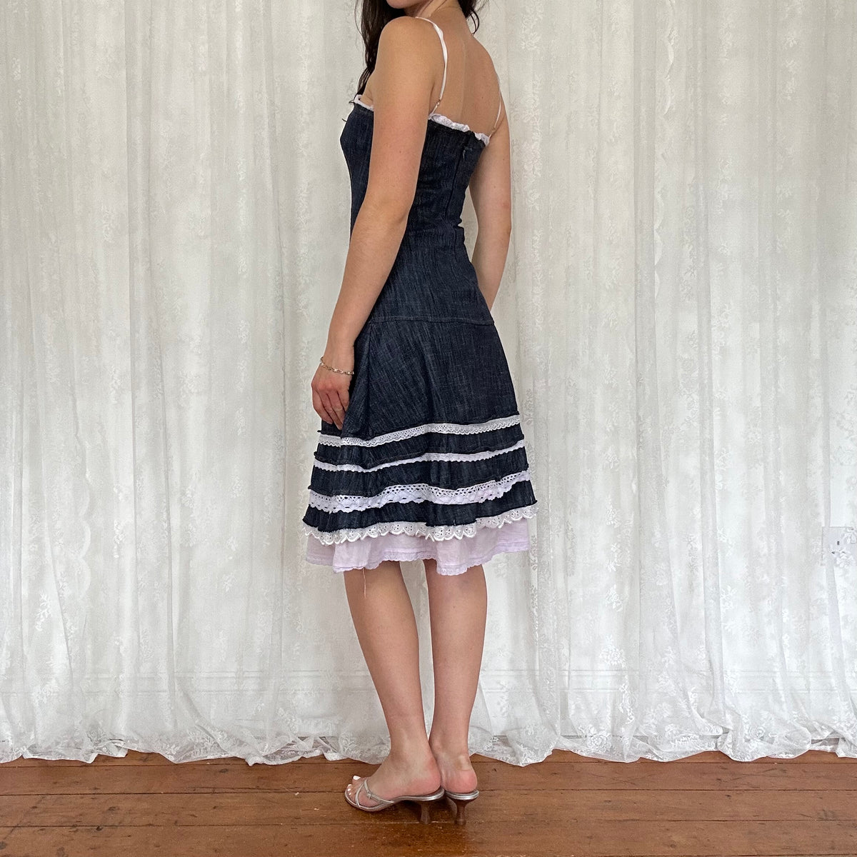 vintage 00s denim midi dress with broderie trim