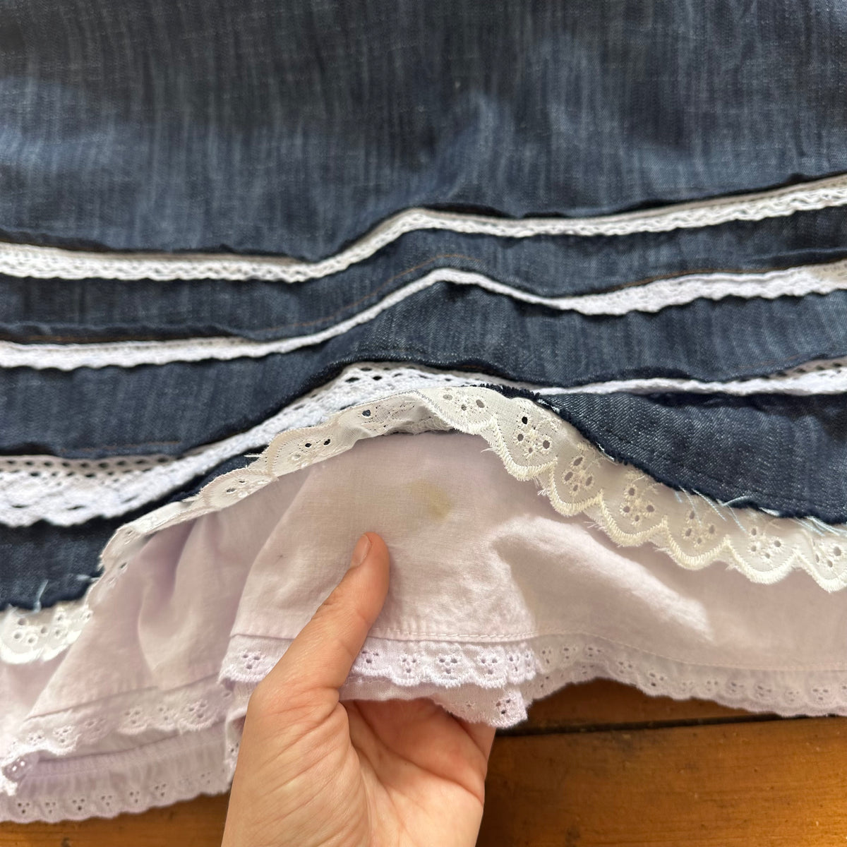 vintage 00s denim midi dress with broderie trim