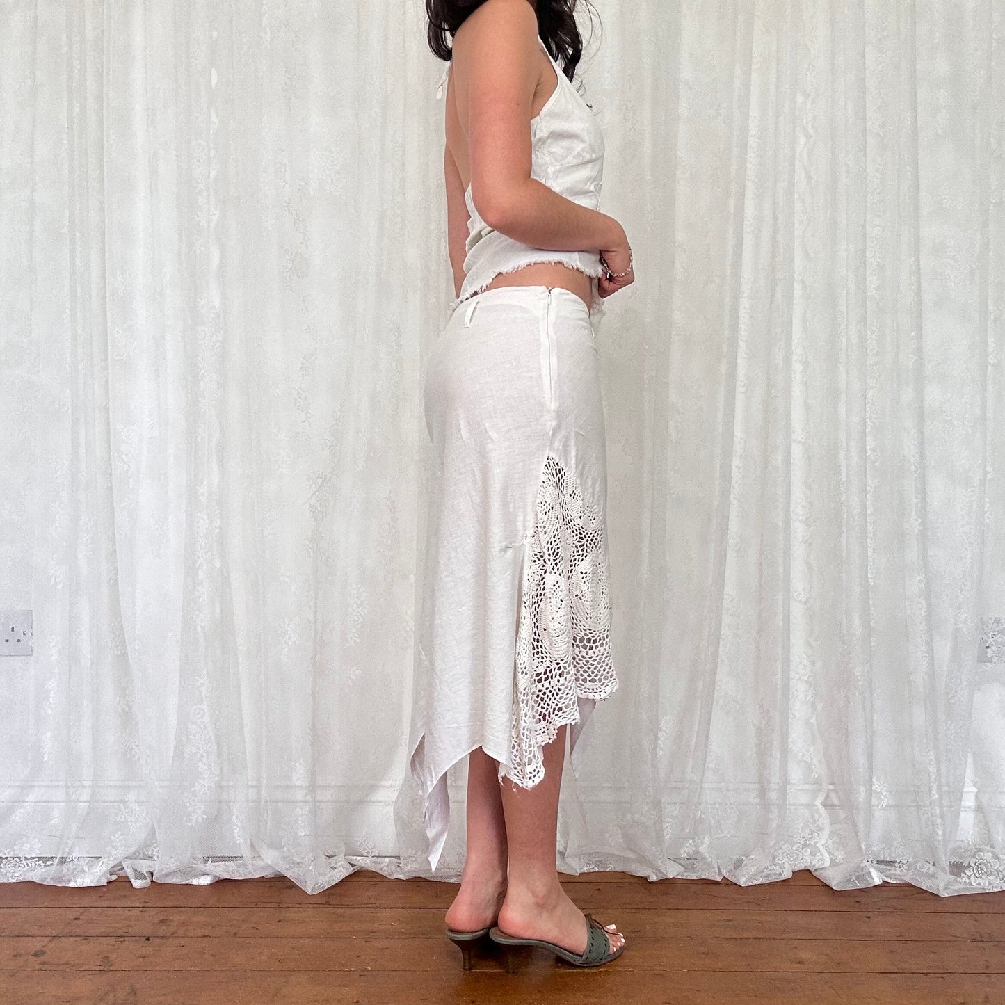 vintage 00s white crochet detail halter top and asymmetrical midi skirt co ord