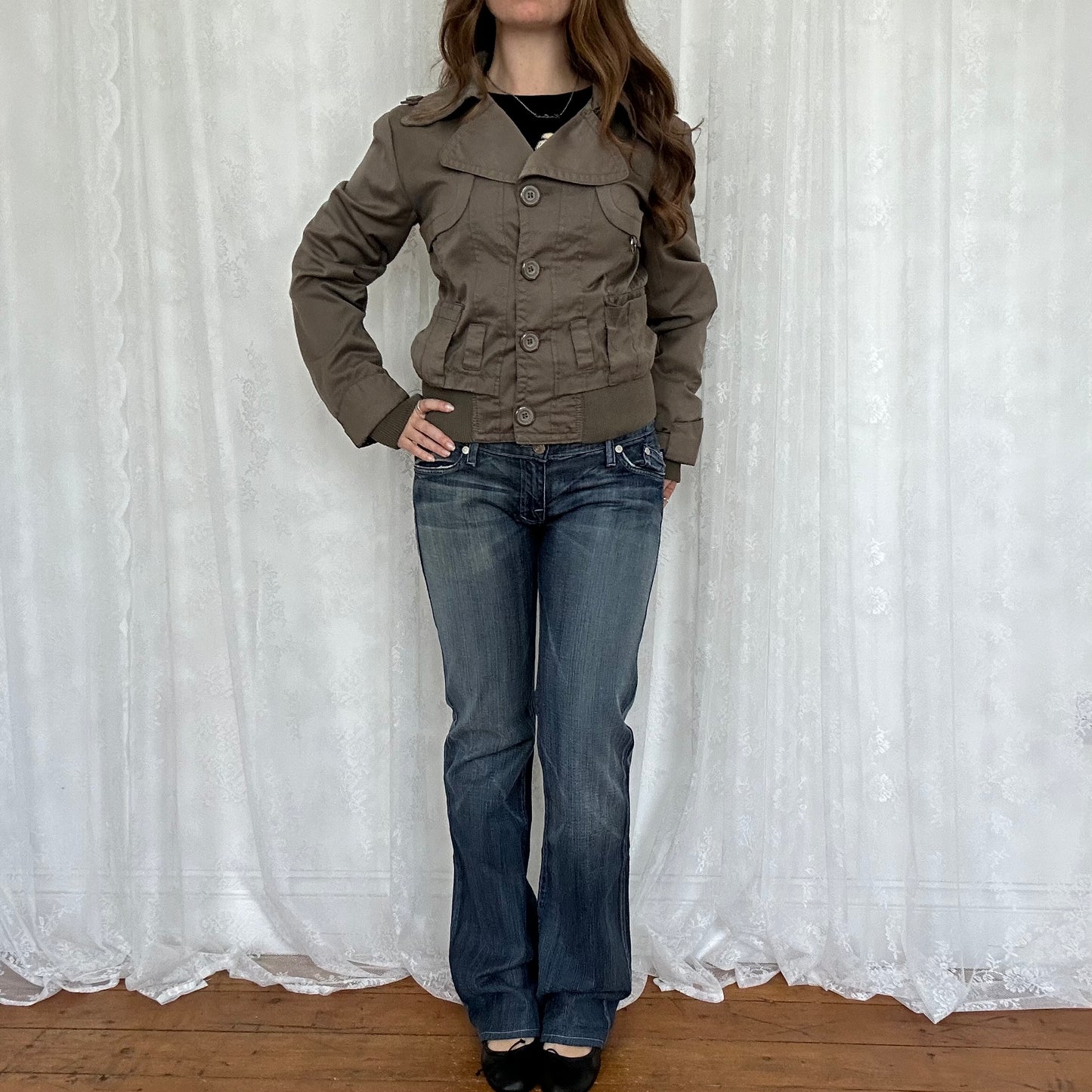 vintage 00s khaki brown peacoat style bomber jacket