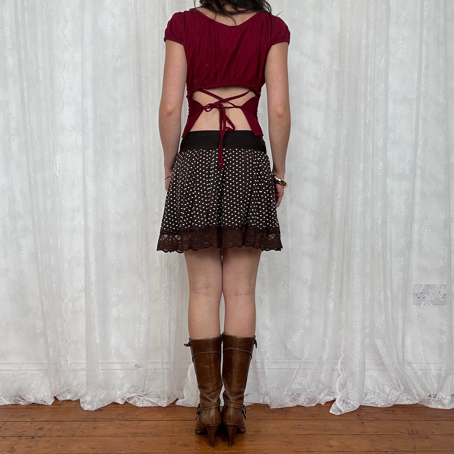 vintage 00s burgundy pimkie milkmaid tie back top