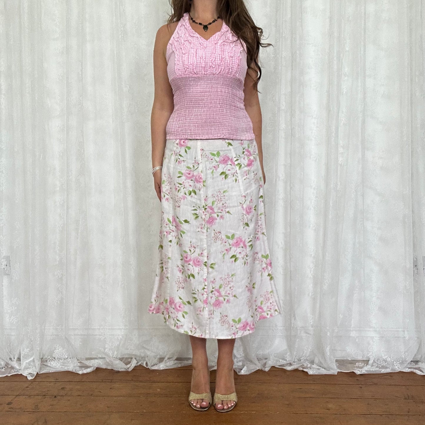vintage 00s pink floral midi skirt