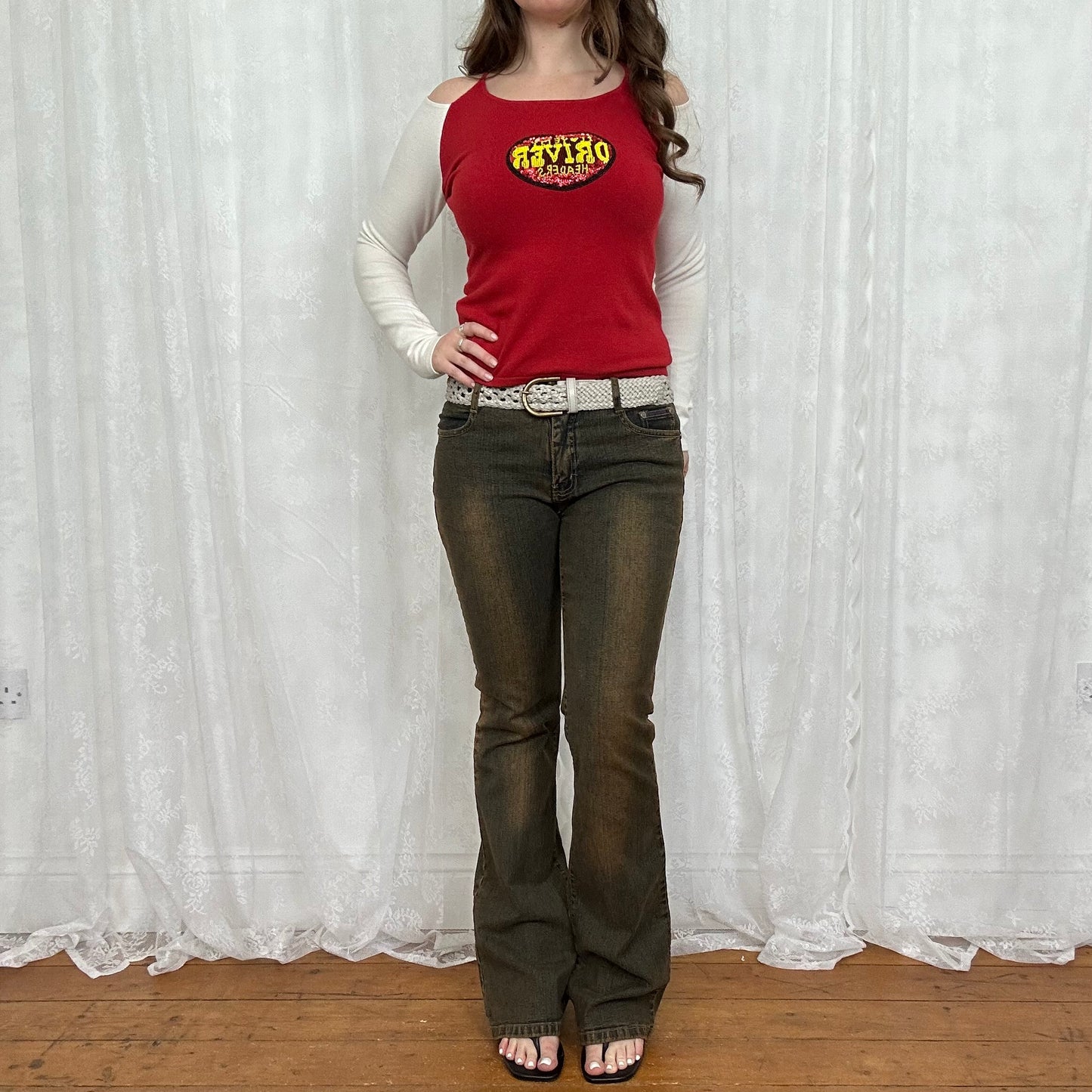 vintage 00s red cold shoulder knit beaded top