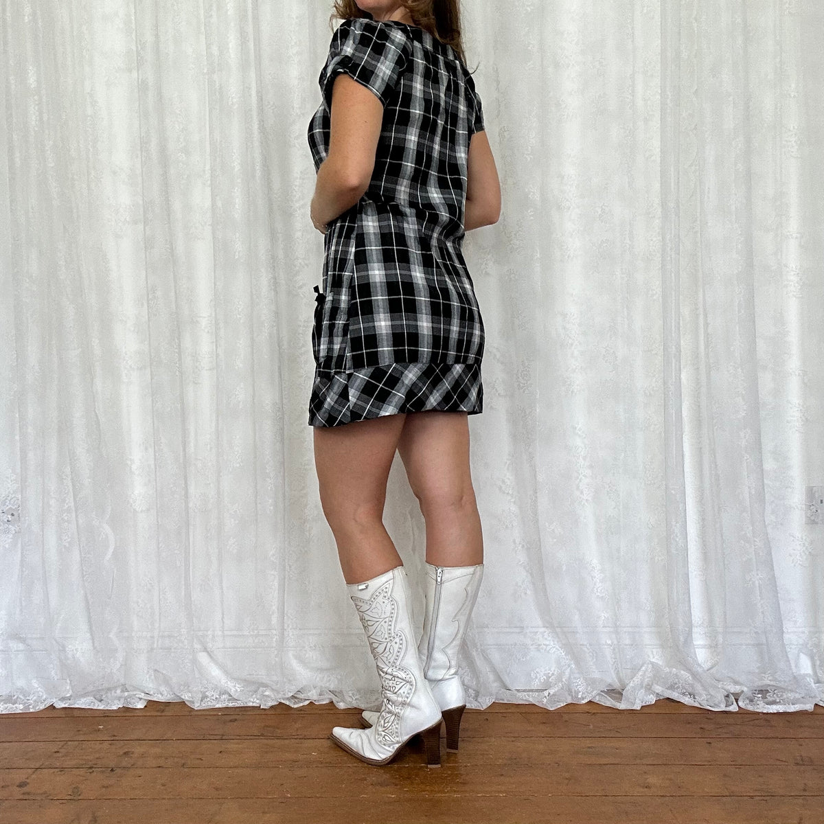 vintage 00s black checkered mini shift dress