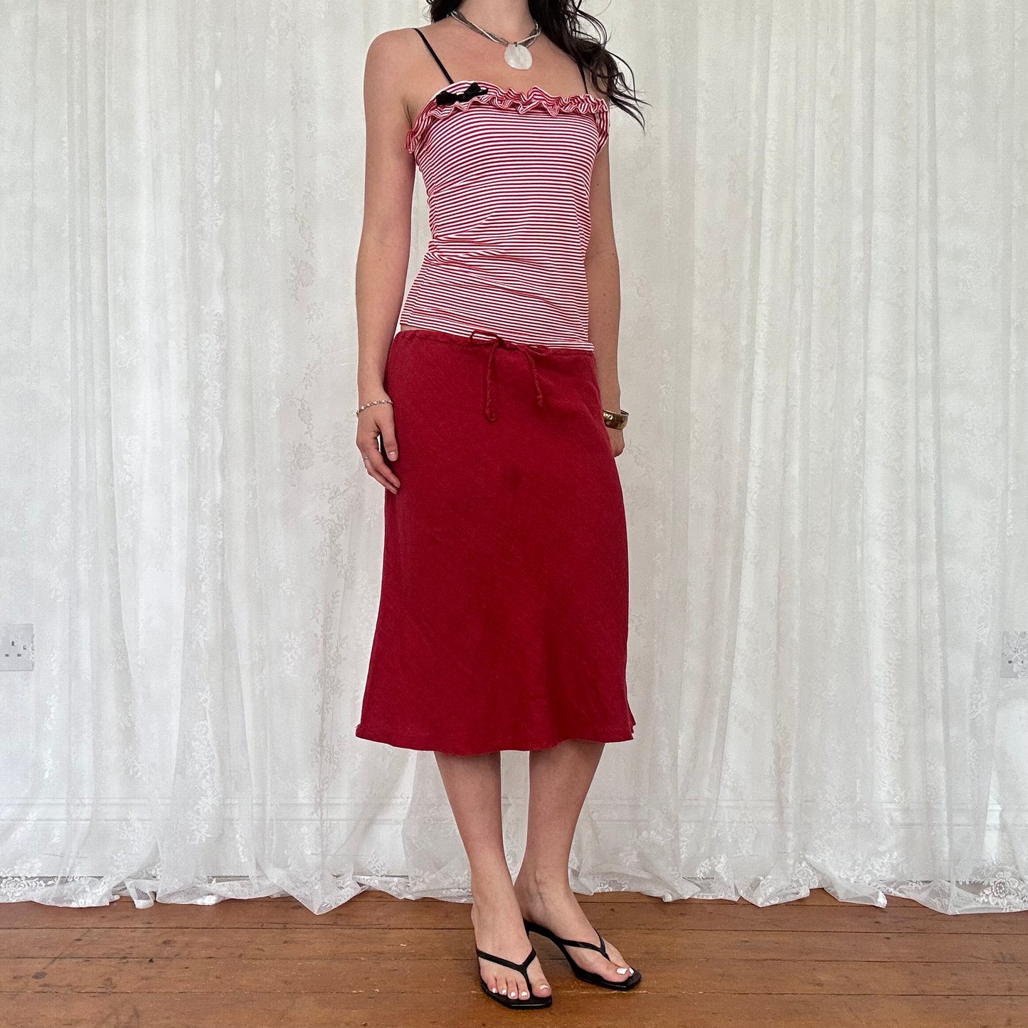 vintage 00s red striped ruffle cami
