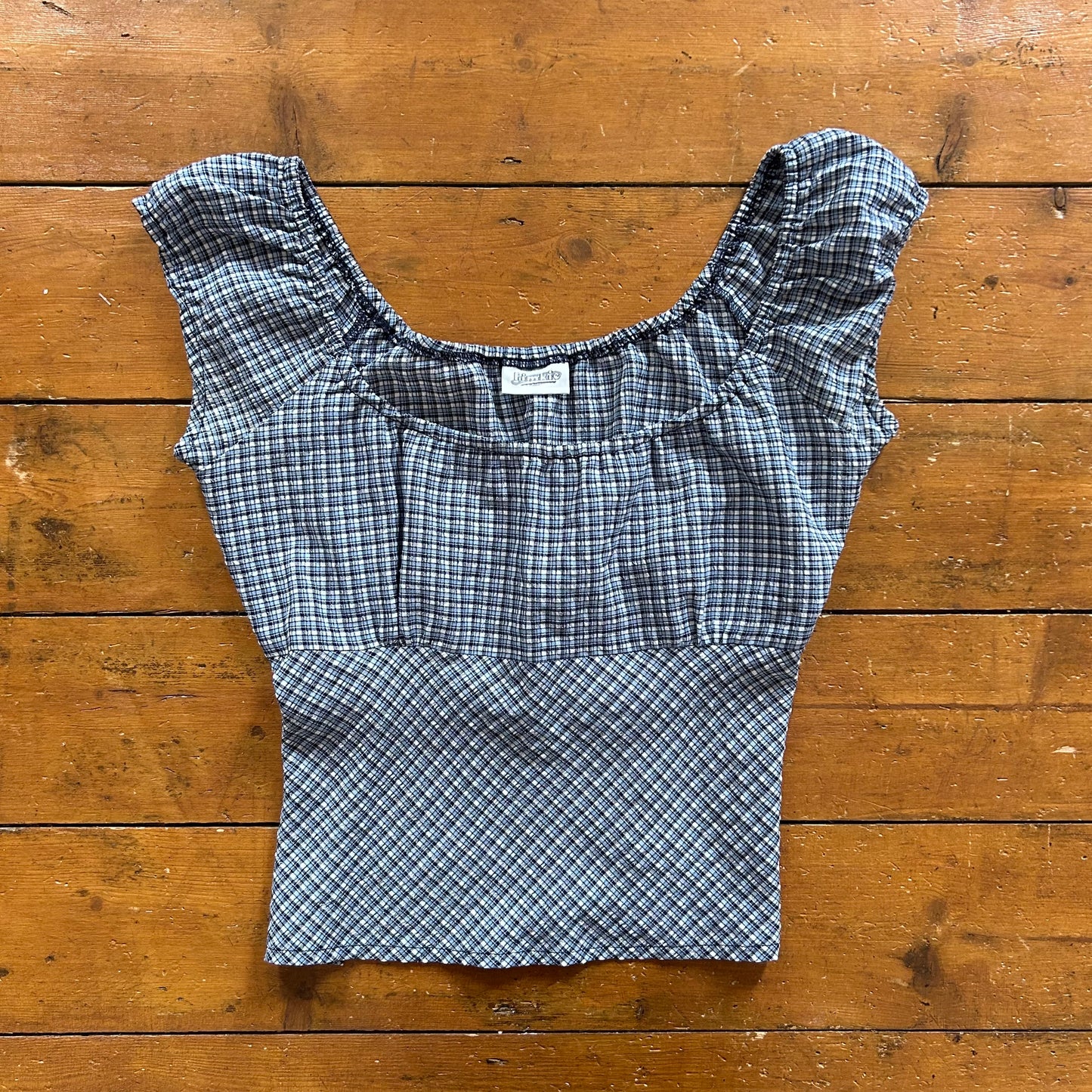 vintage 00s pimkie blue checkered tie back milkmaid top