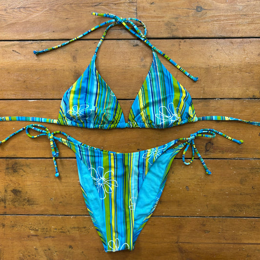 vintage 00s blue stripey floral bikini set