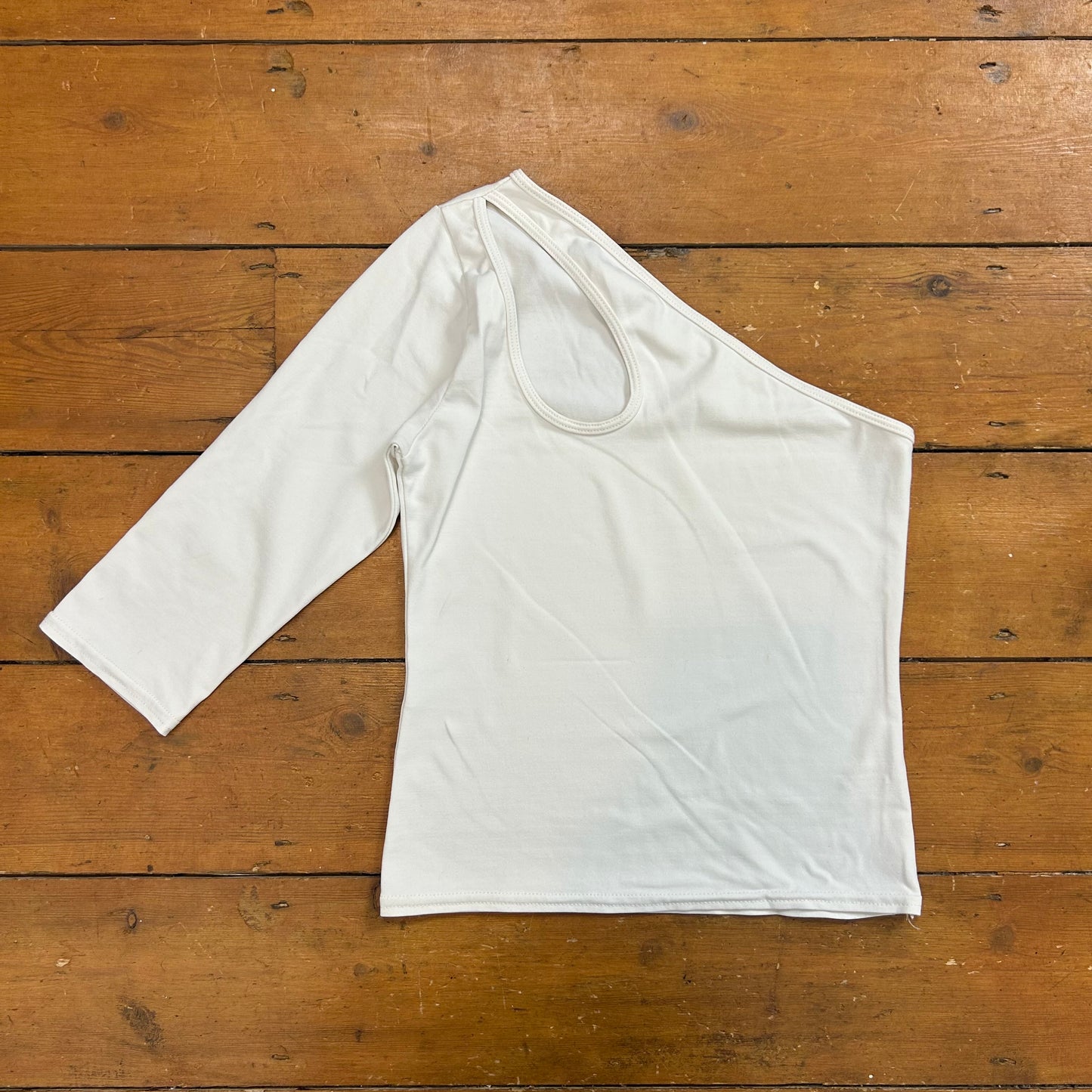 vintage 00s white slinky one shoulder cut out top
