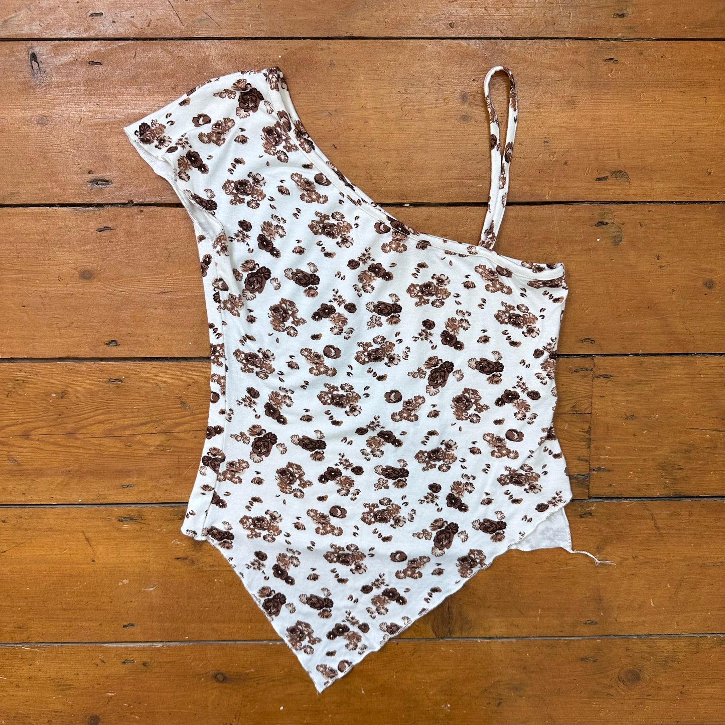 vintage 00s brown floral asymmetrical one shoulder top