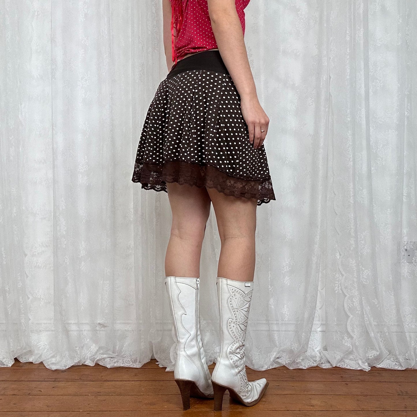vintage 00s brown polka dot lace trim skirt