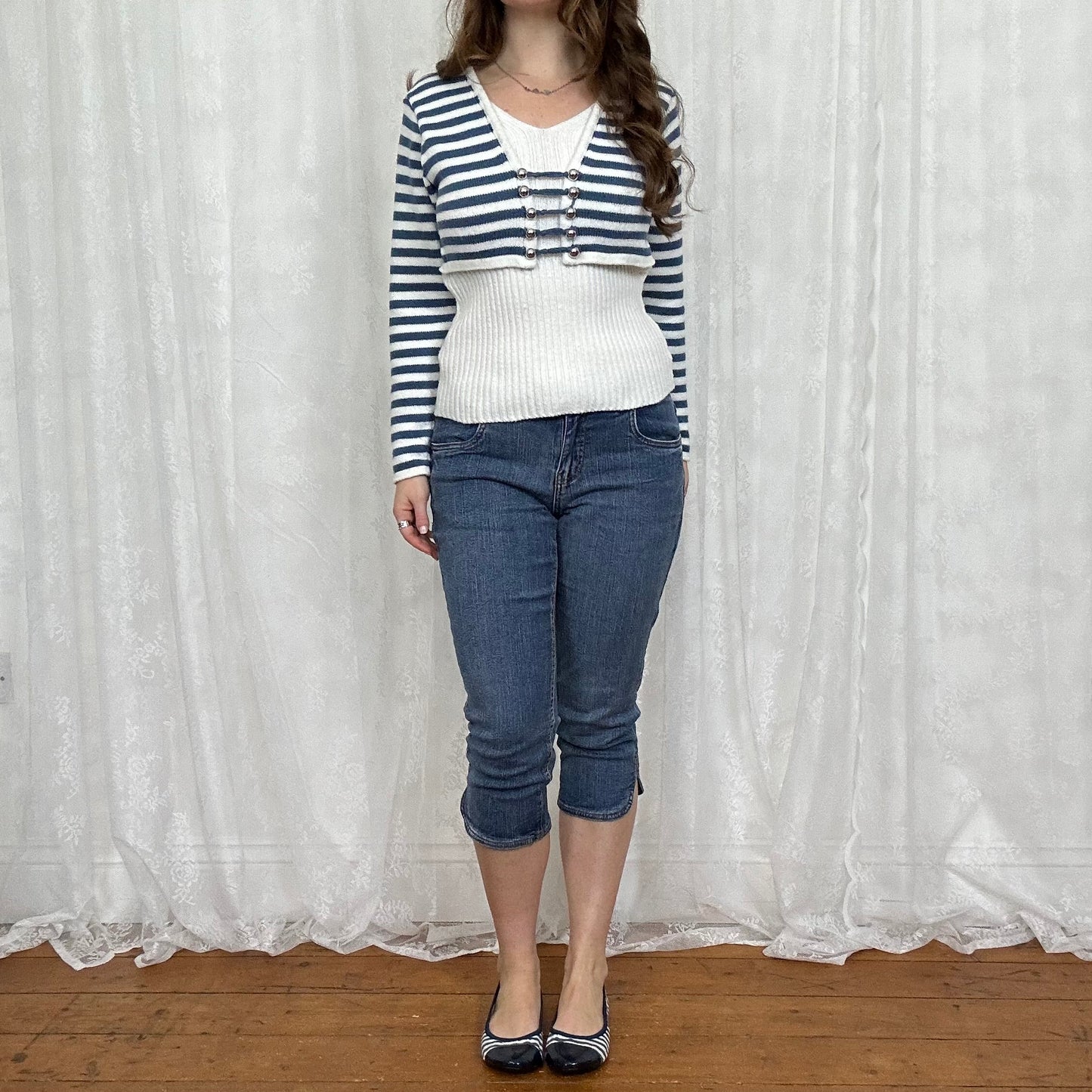 vintage 00s blue and white striped knitted top