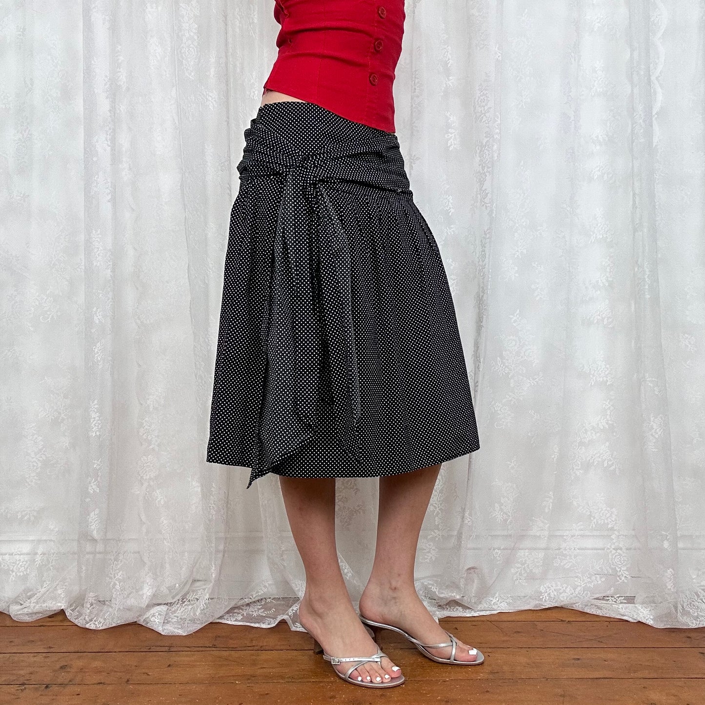 vintage 00s polka dot tie waist midi skirt
