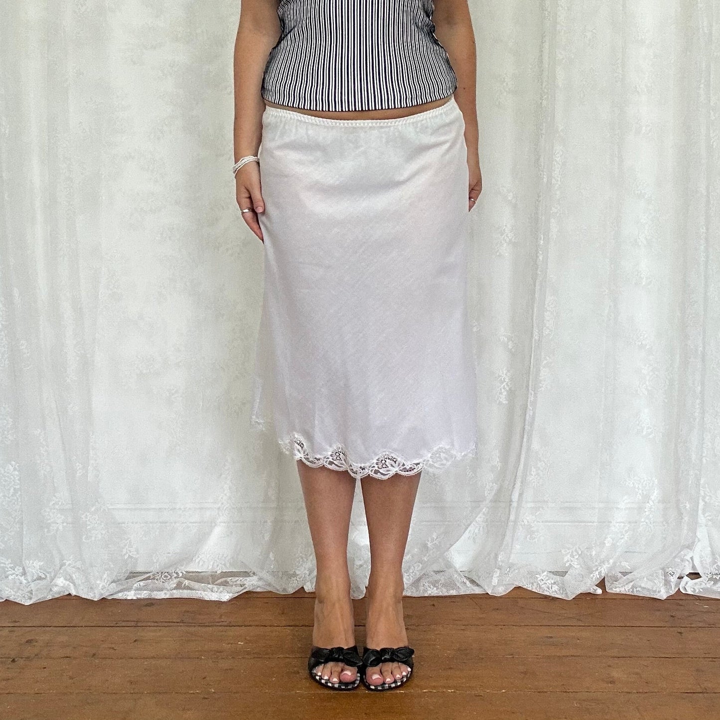 vintage 00s white lace detail slip midi skirt