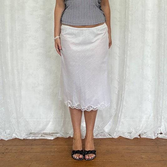 vintage 00s white lace detail slip midi skirt