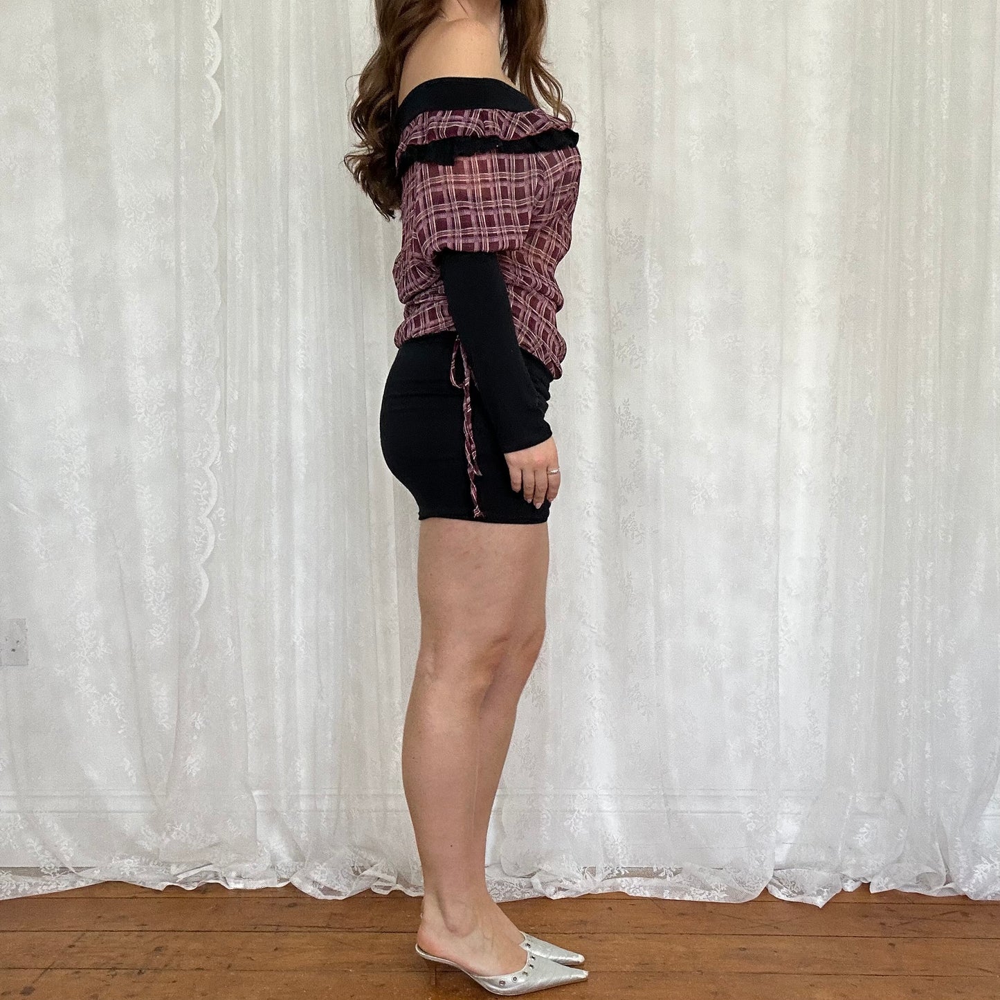 vintage 00s purple mesh checkered mini dress