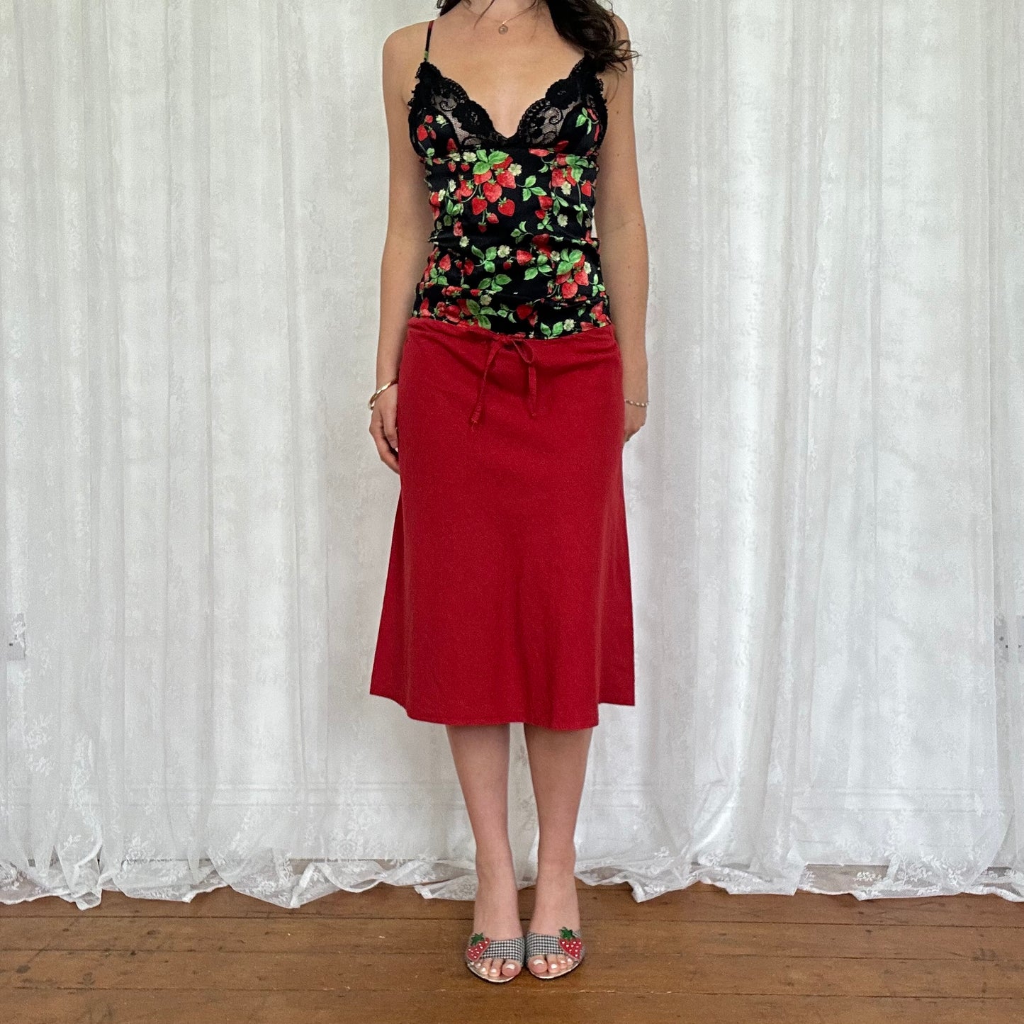 vintage 00s red linen midi skirt
