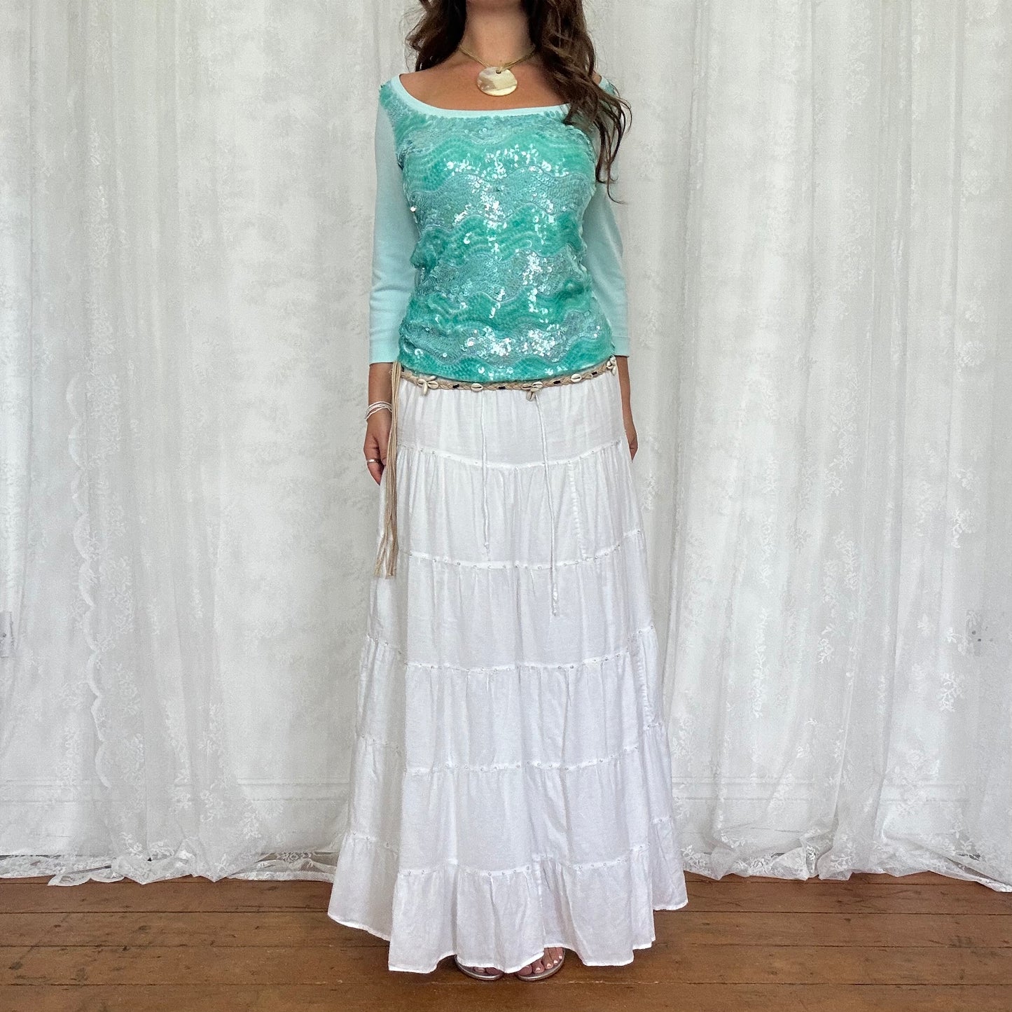 vintage 00s aqua blue sequin crop sleeve top