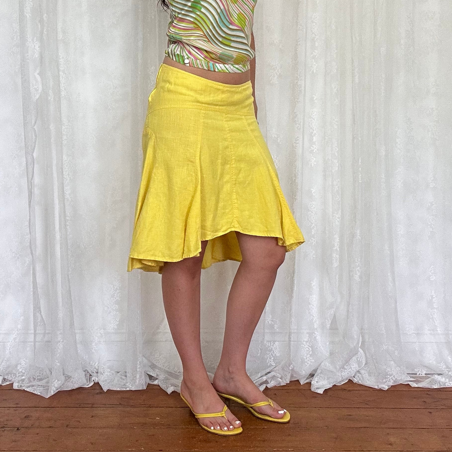 vintage 00s yellow linen ruffle midi skirt