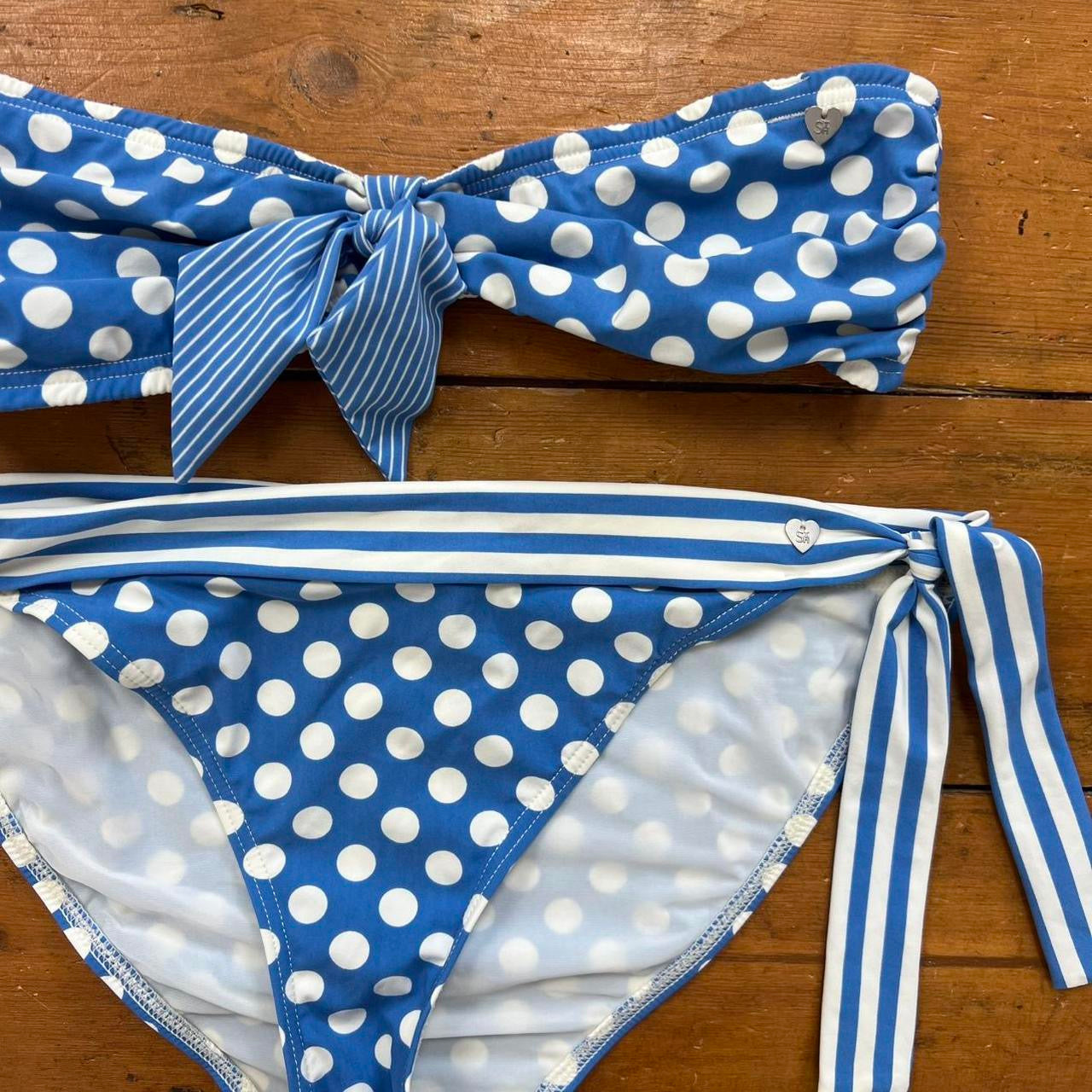 vintage 00s blue polka dot strapless bikini set