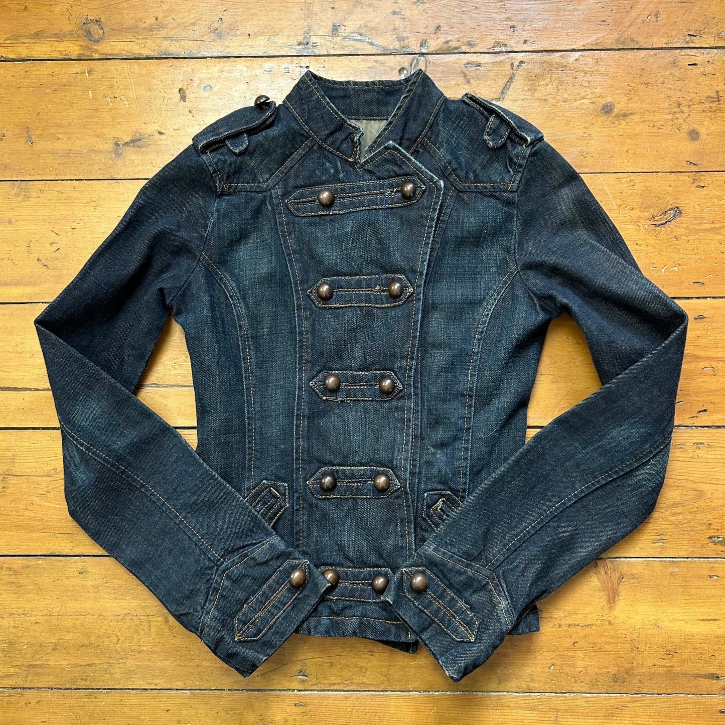 vintage 00s dark denim fitted military style jacket
