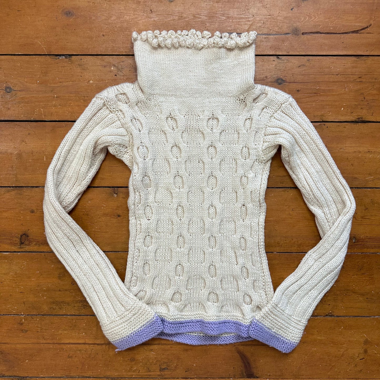 vintage 00s cream roll neck knitted jumper with lilac trim
