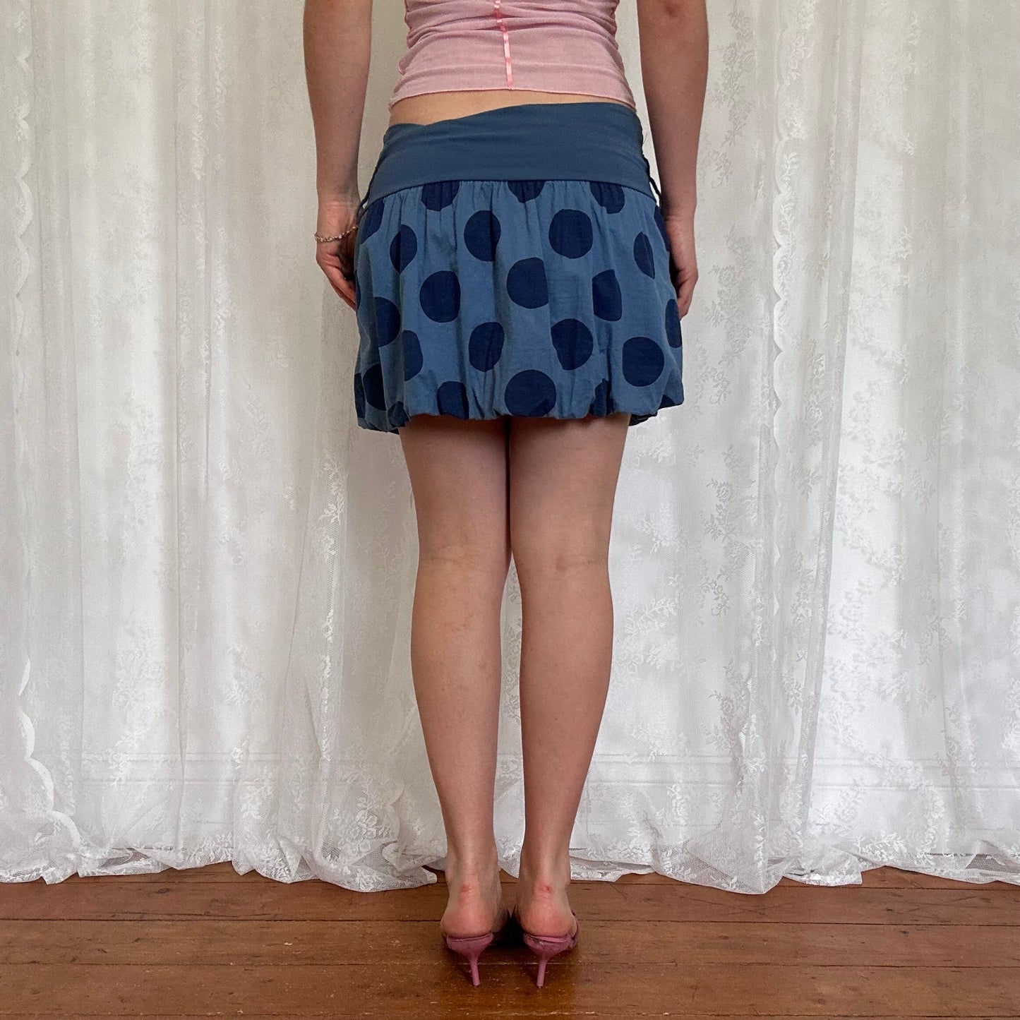 vintage 00s blue polka dot puffball skirt