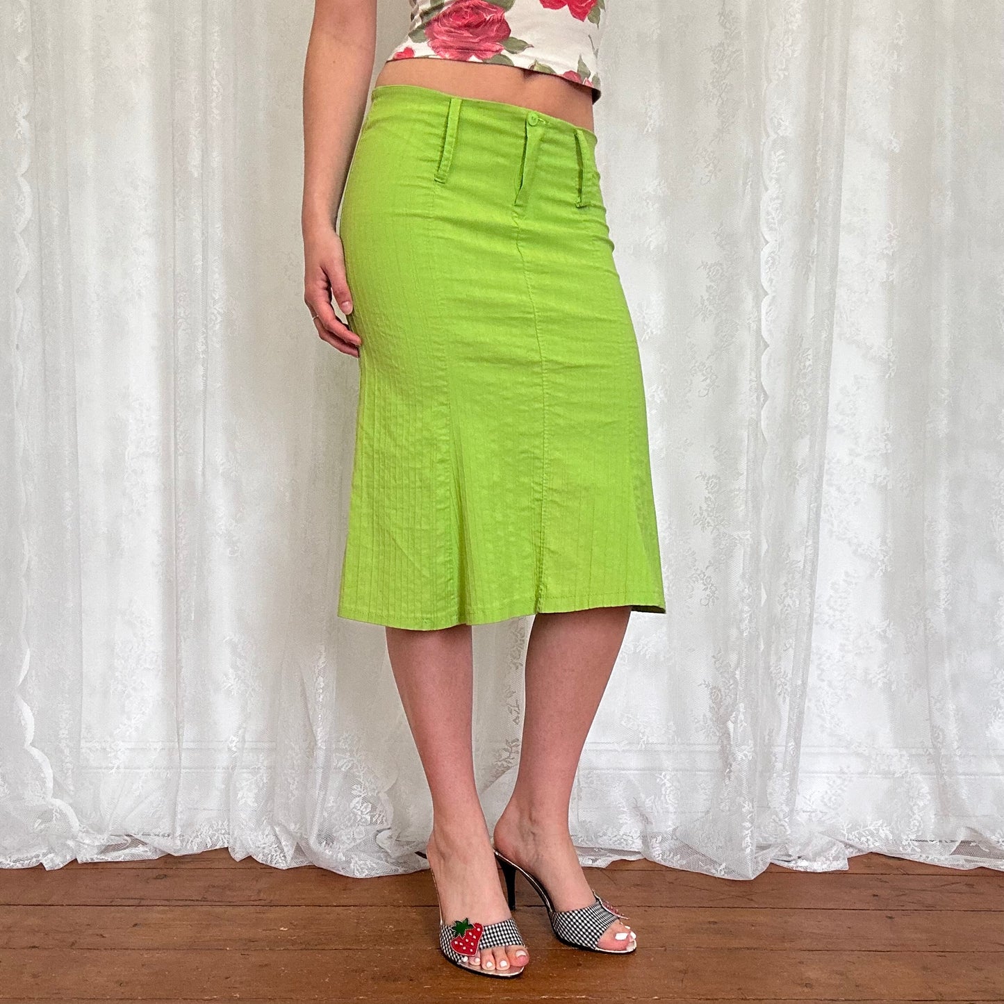 vintage 00s green fitted midi skirt