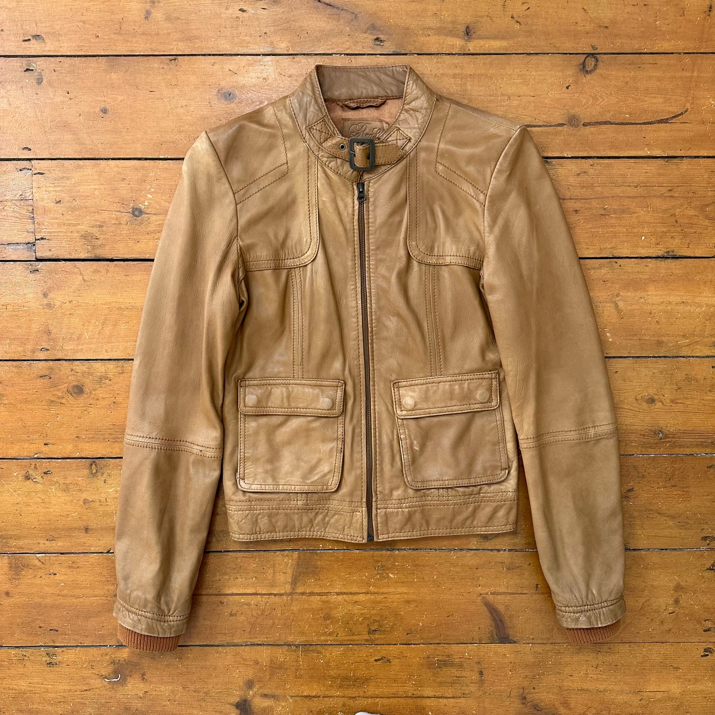 vintage 00s tan leather genuine leather biker jacket