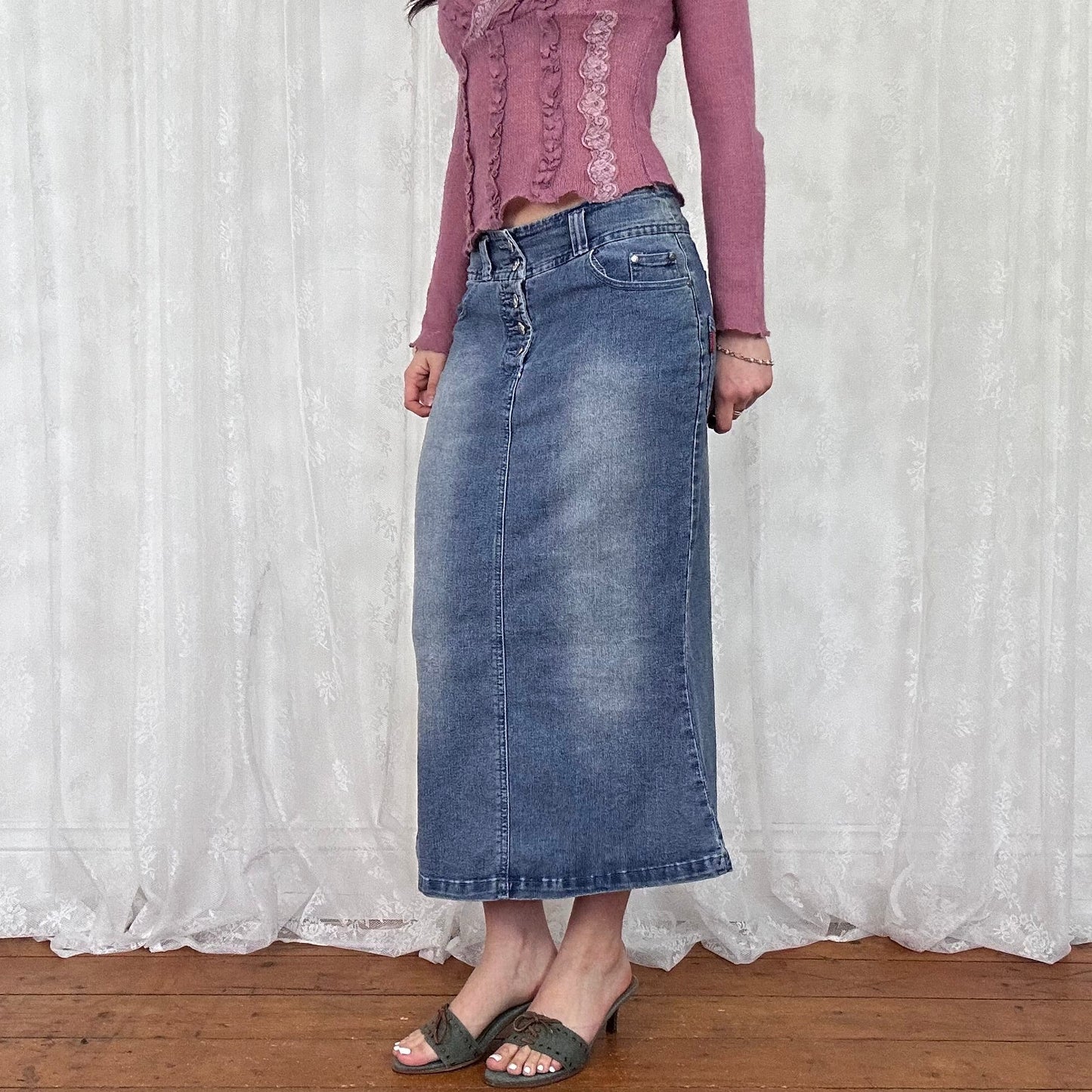vintage 00s mid wash denim fishtail skirt