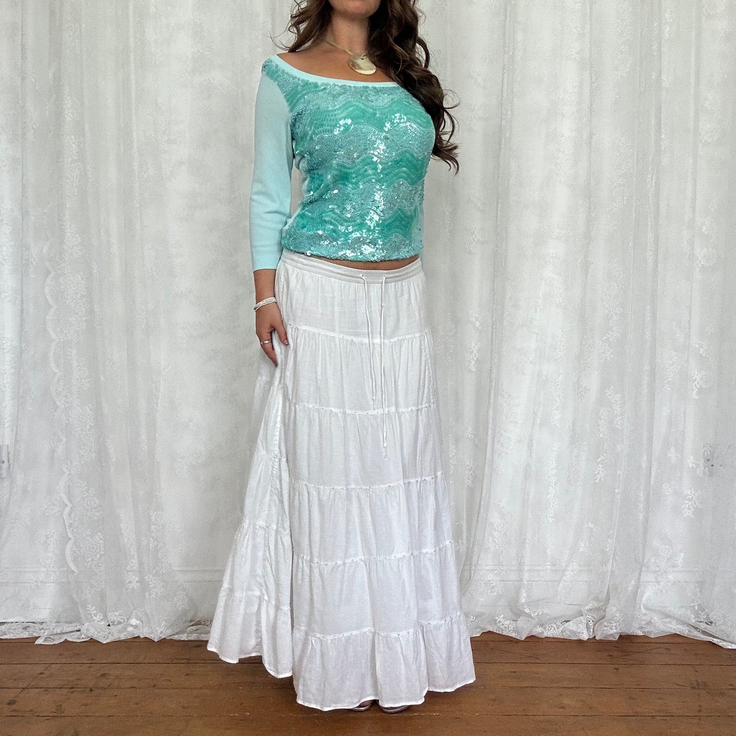 vintage 00s white tiered maxi skirt with sequin detail