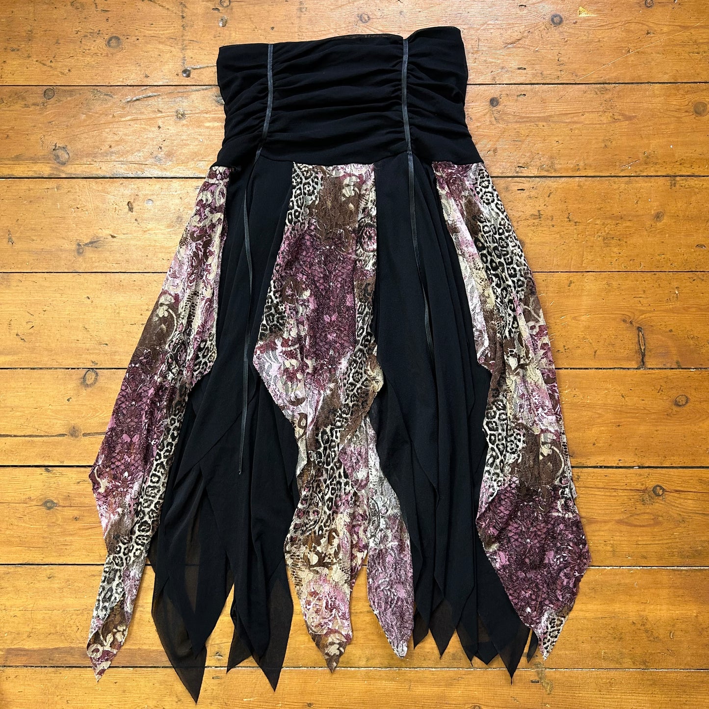 vintage 00s black animal print mesh fairy midi skirt