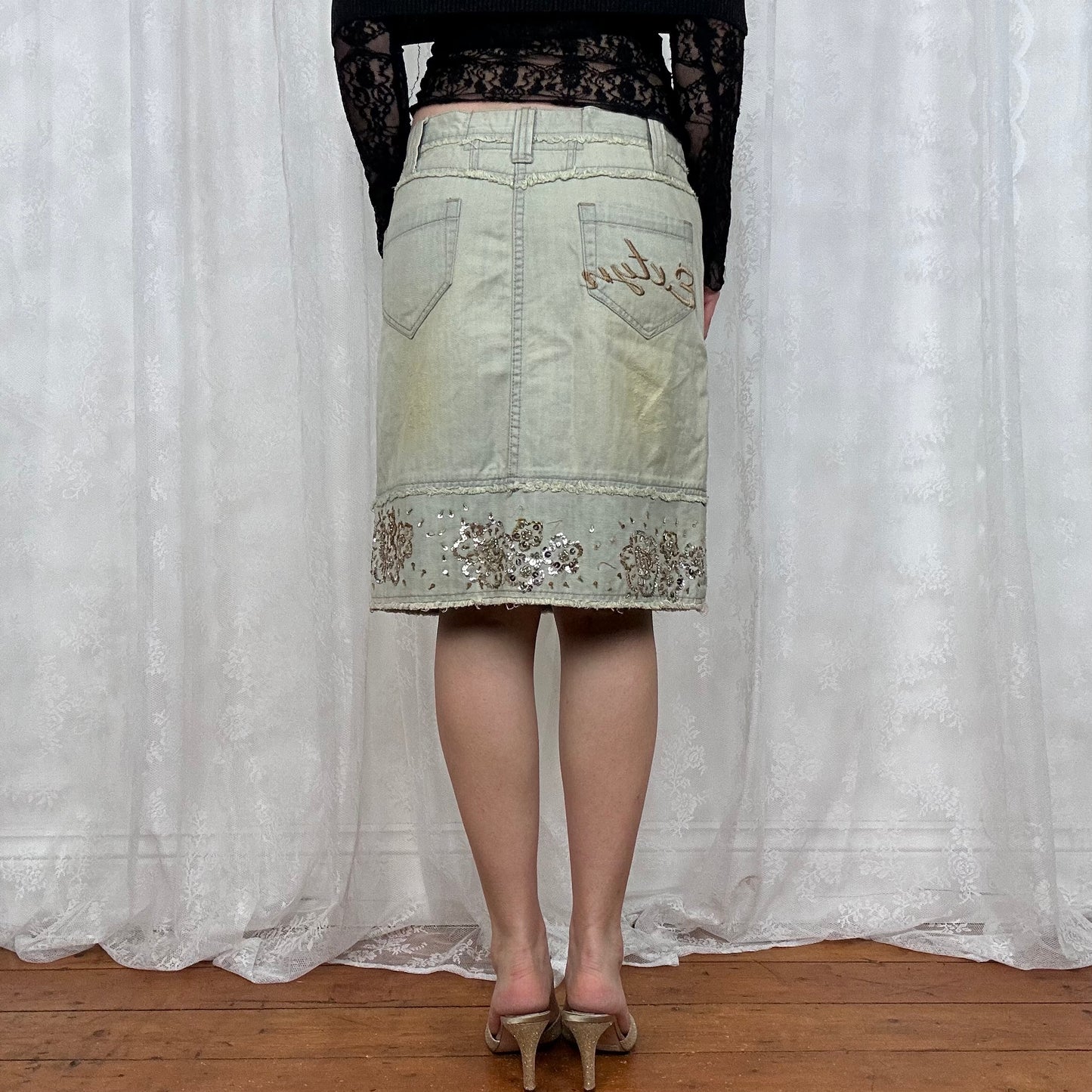 vintage 00s light wash sequin midi skirt